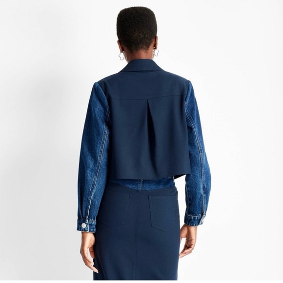 Contrasting Denim Cropped Blazer - Future Collective Navy Blue - Picture 2 of 7
